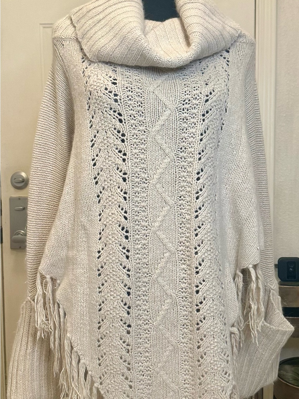 Newport News Cream Cable-Knit Cowl Neck Poncho with Fringe